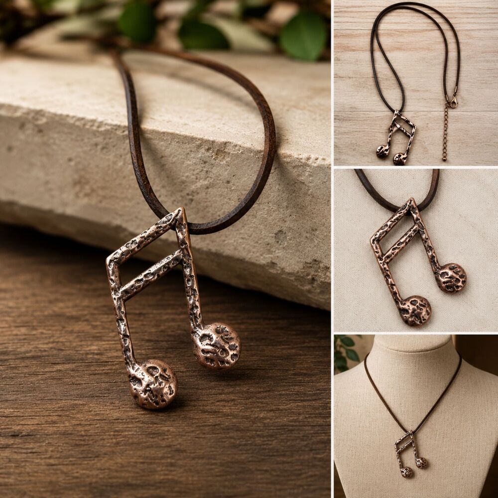 Music Note Pendant Necklace Brown Leather Cord Adjustable Unisex